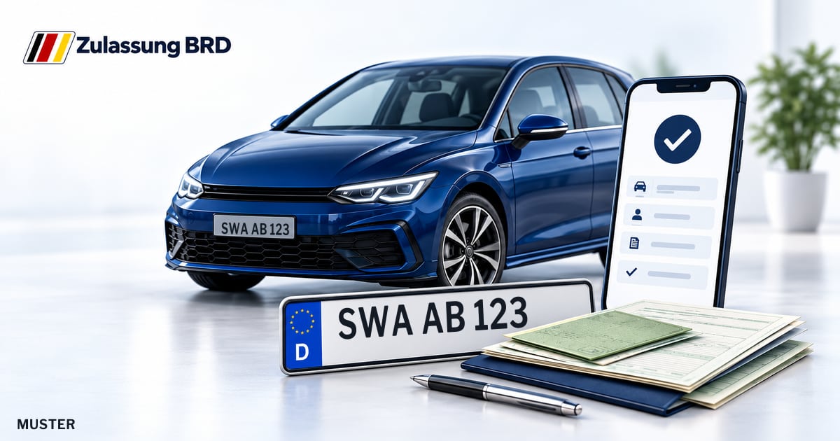 Online Fahrzeugzulassung in Oestrich-Winkel: Musterkennzeichen SWA AB 123, Auto und Fahrzeugpapiere und Smartphone. Illustration mit Logo von Zulassung BRD.